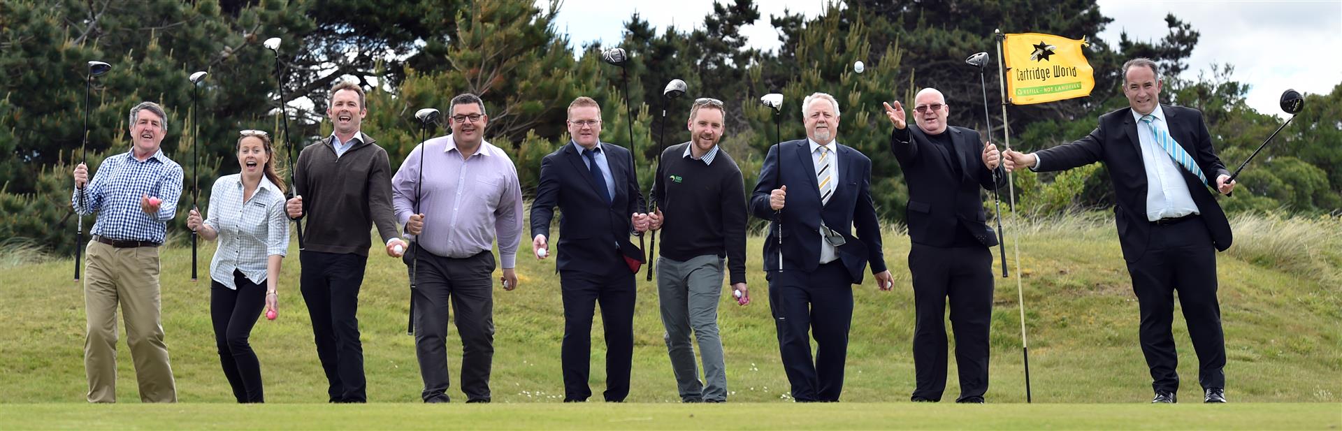 Excited to be part of next February's New Zealand Legends Masters event at Chisholm Links are (from left) Kevin Malcolm, of FMG, Stacey Gibb, of Farmlands, Paul Urquhart, of New Holland, Craig Cochrane, of NZ Couriers, Matthew Holdridge, of Allied Press, 