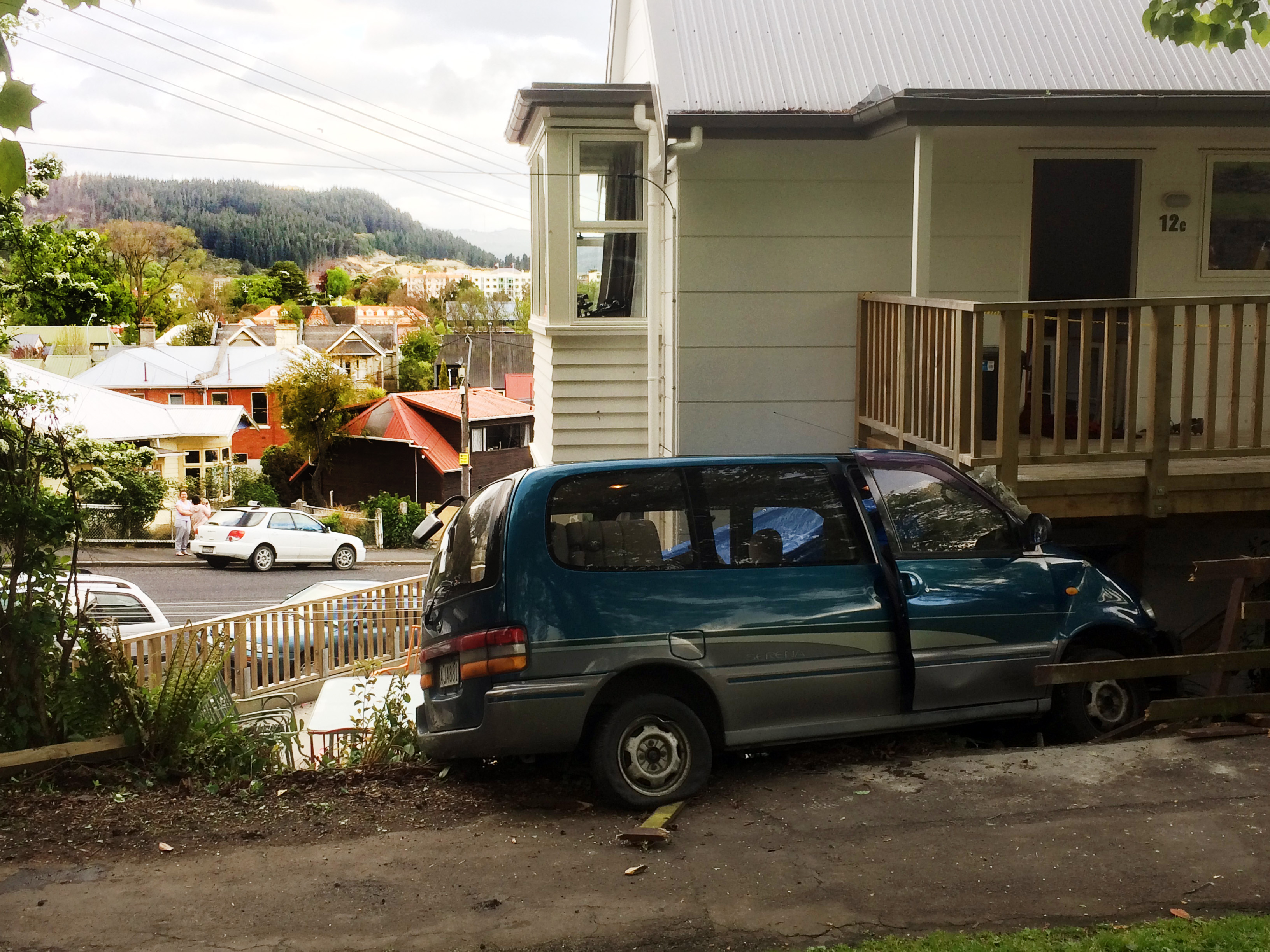 The car ended up wedged under the verandah of a house on the corner of Regent Rd and Queen St....