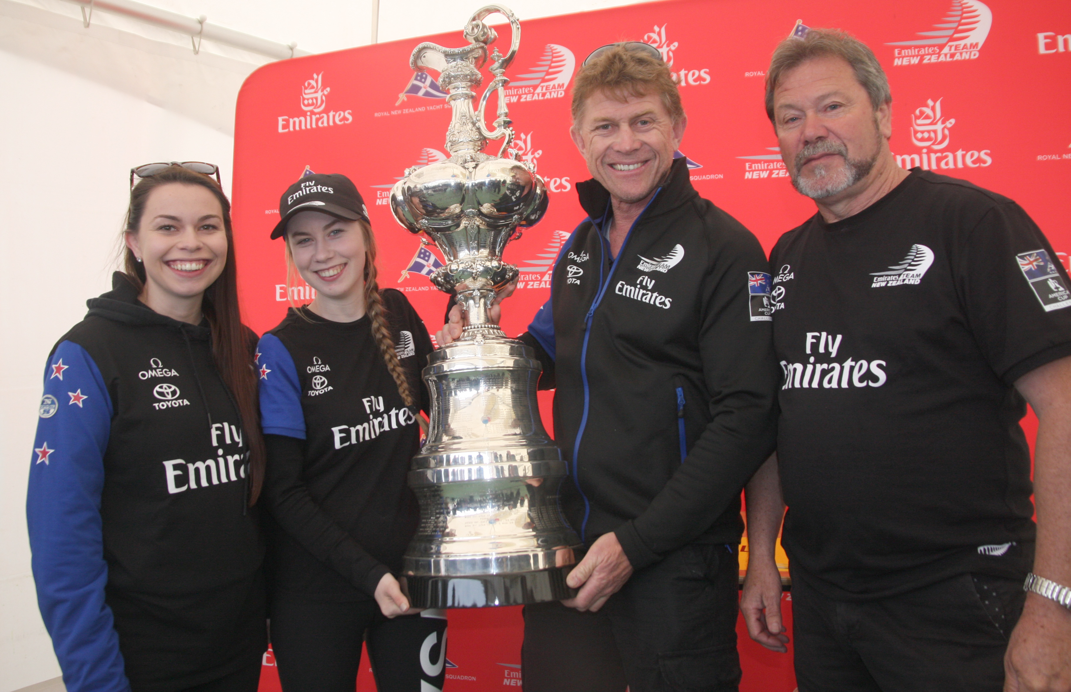 Oamaru’s (left) Kristin and Alex Murdoch stand with Team New Zealand’s Shore Boss Sean Regan,...