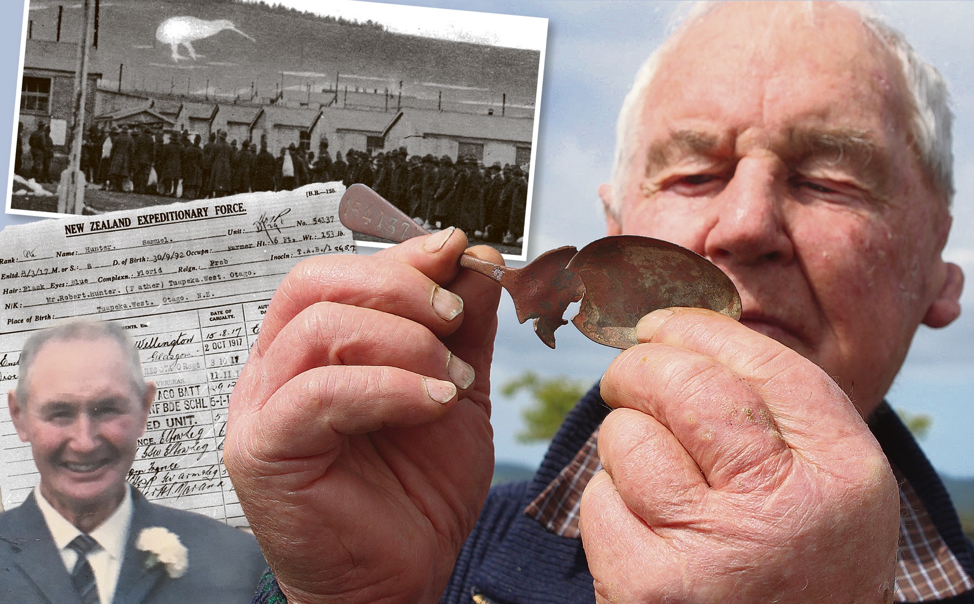 Bevan Hunter (86), of Stirling, with a spoon found in the ground at a former military training...