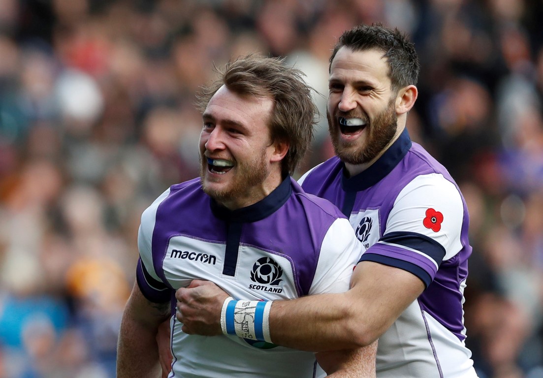 Scotland’s Stuart Hogg celebrates scoring their first try with Tommy Seymour. Photo: Reuters