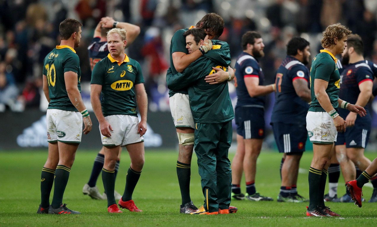 South African players celebrate their victory after the match. Photo Reuters
