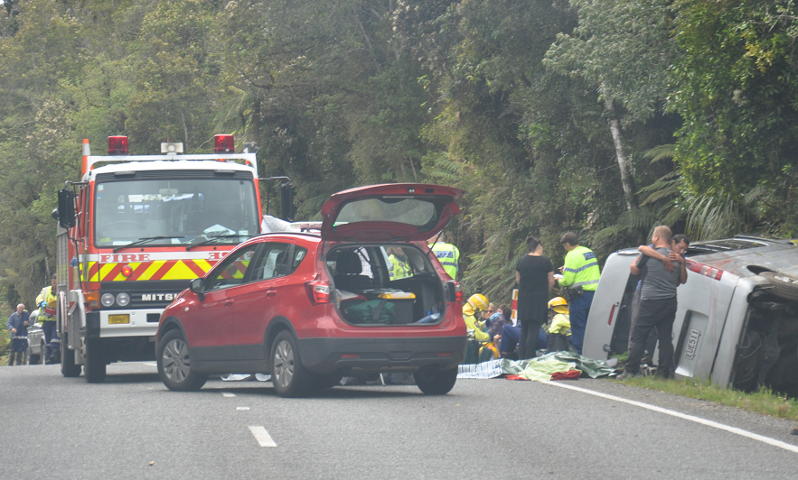 Emergency services at the crash scene yesterday. Photo: Hokitika Guardian