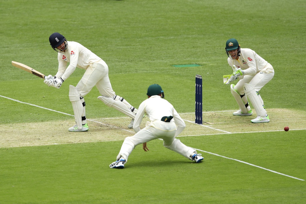 England's James Vince plays the ball down the leg side on day one of the first Ashes test at the...