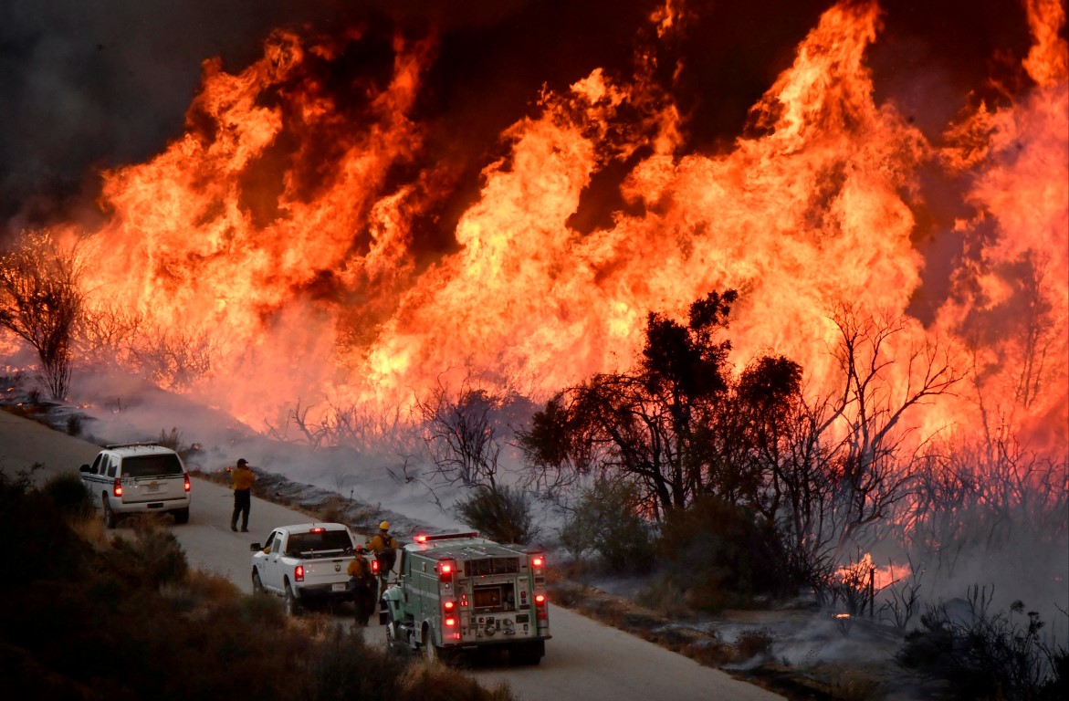 Crews attack the Thomas Fire’s north flank with backfires north of Los Angeles, near Ojai,...