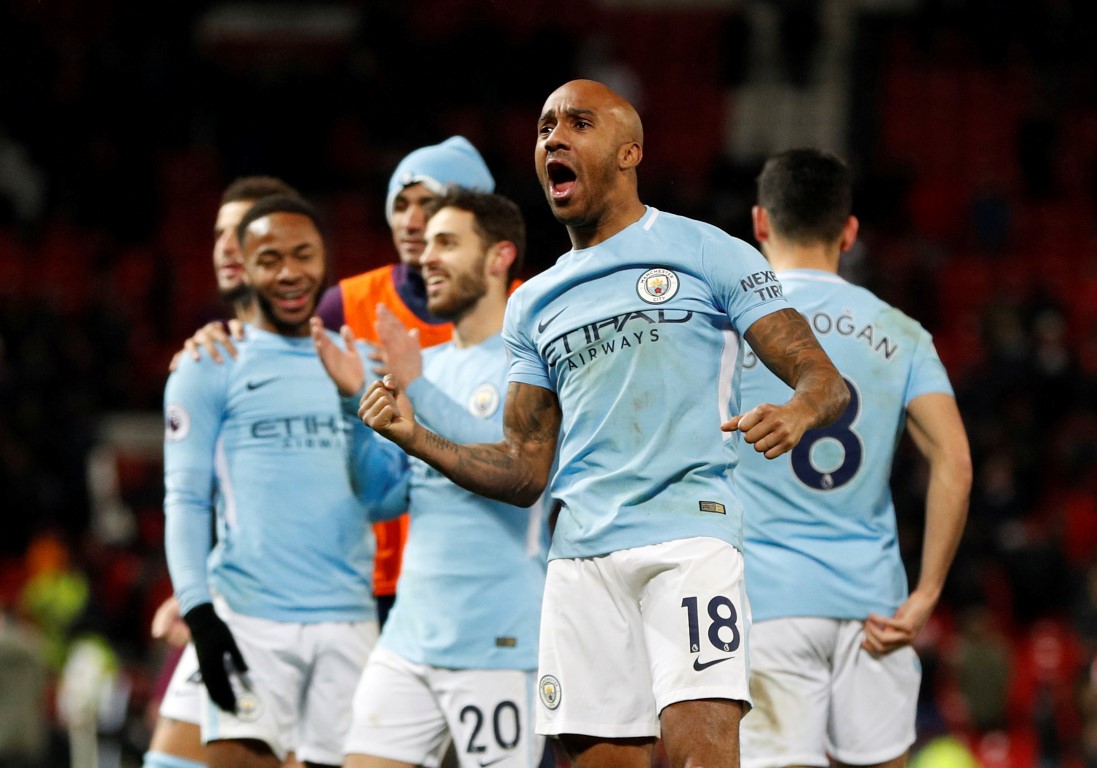 Manchester City's Fabian Delph celebrates after the match. Photo Reuters 
