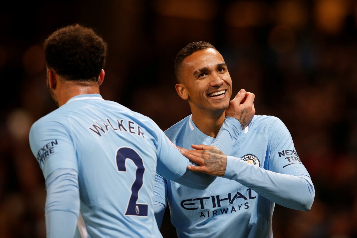 Manchester City's Danilo celebrates with Kyle Walker after scoring their fourth goal. Photo:...