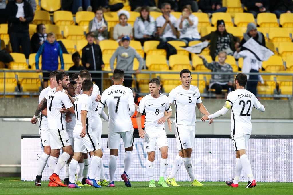 The All Whites celebrate a goal during their qualifying win over Fiji. Photo: Reuters