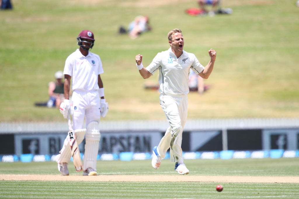 New Zealand's Neil Wagner celebrates taking the wicket of West Indies' Shane Dowrich. Photo Getty 
