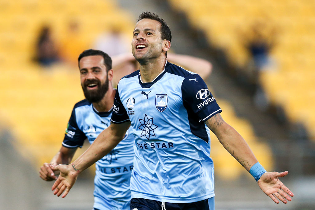 Sydney FC's Bobo scored a hat-trick in the win over the Phoenix at Westpac Stadium in Wellington....