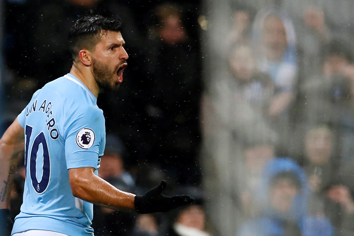 Manchester City's Sergio Aguero celebrates scoring their third goal. Photo Reuters 
