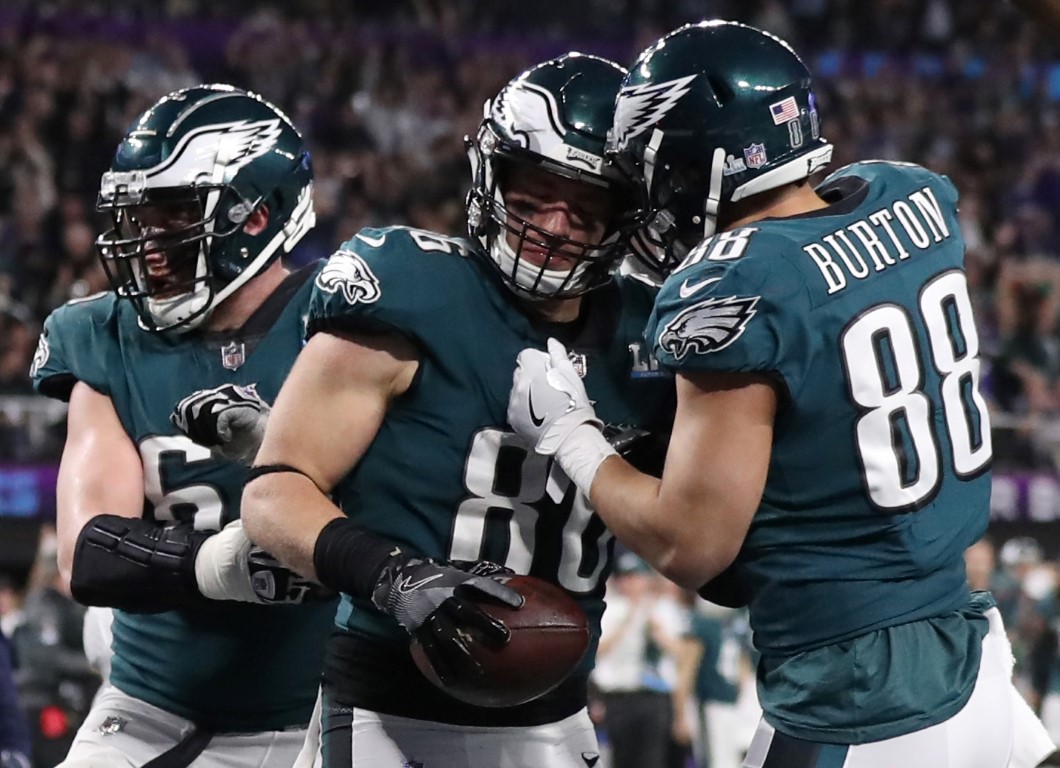 Philadelphia Eagles’ Zach Ertz celebrates with teammates after scoring a touchdown. Photo: Reuters
