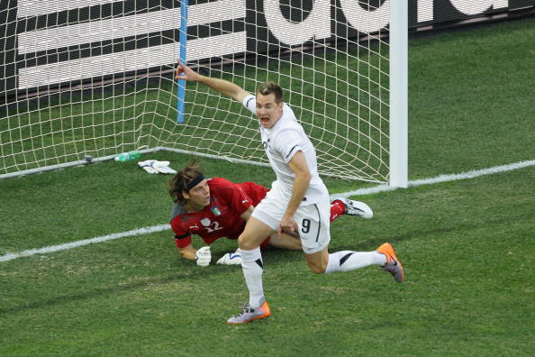 Shane Smeltz celebrates scoring for New Zealand against Italy during the 2010 World Cup in...