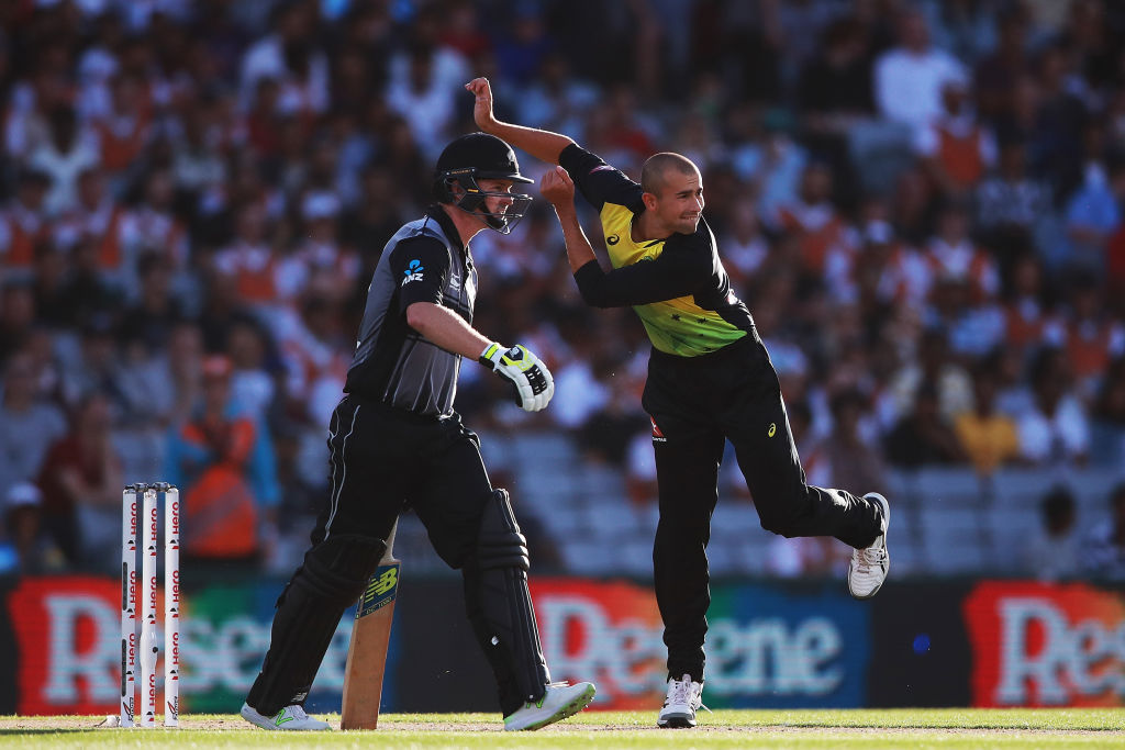 Australia's Ashton Agar (R) proved a handful for the New Zealand batsmen in the T20 tri-series...