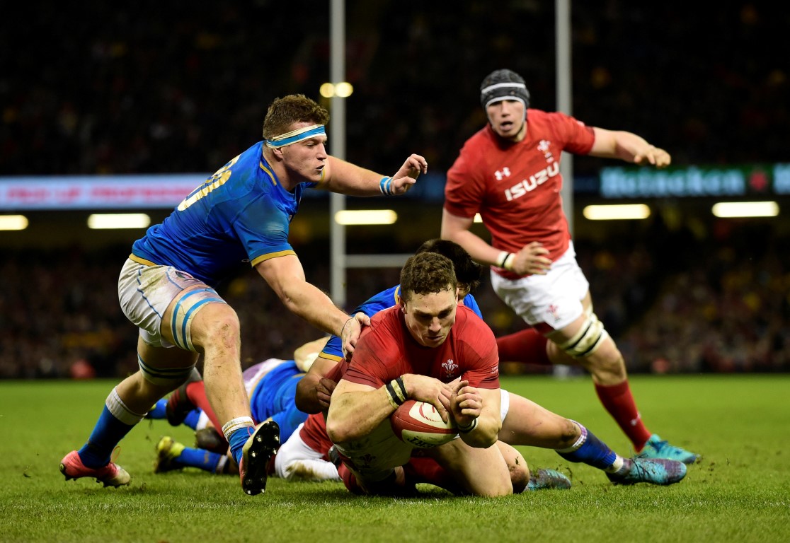 George North dives over to score for Wales against Italy. Photo: Reuters