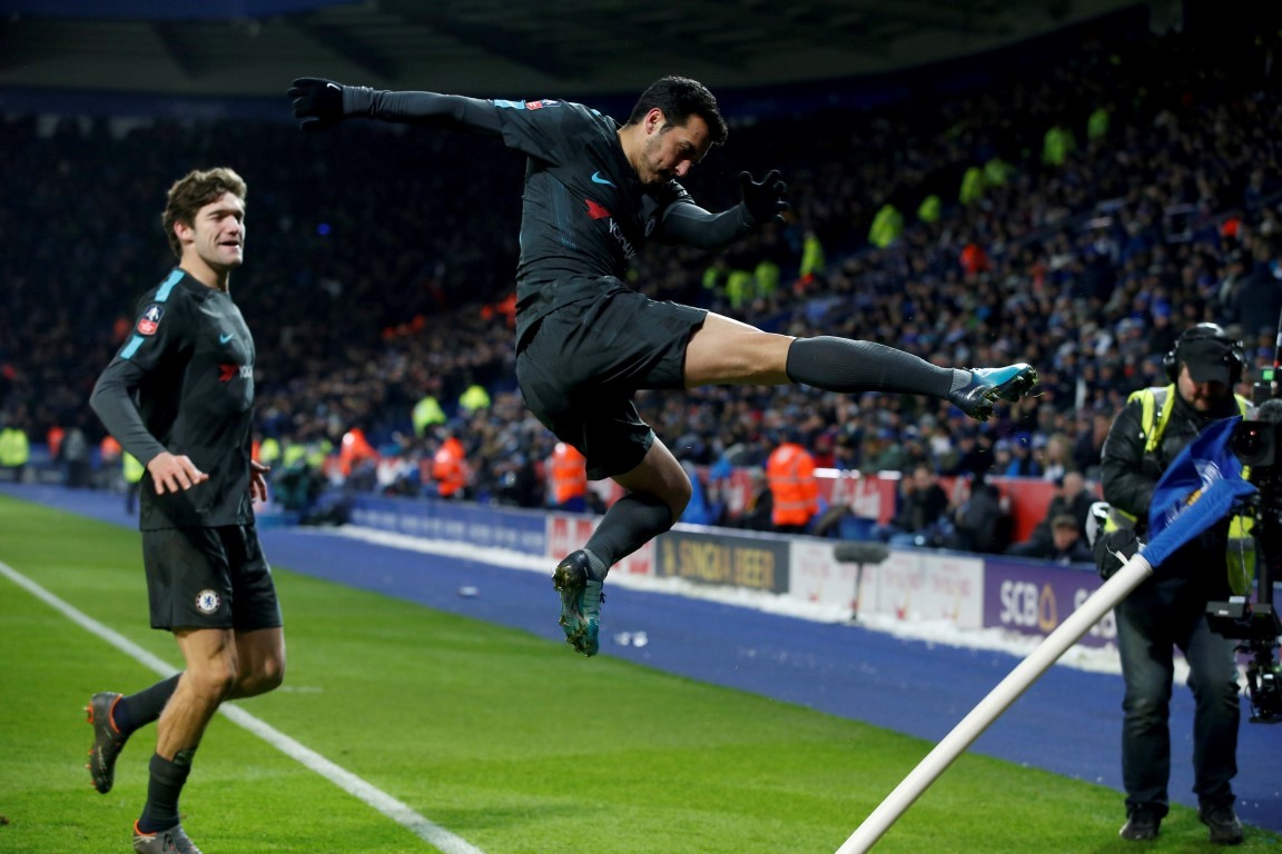 Chelsea's Pedro celebrates after scoring their second goal against Leicester. Photo: Reuters
