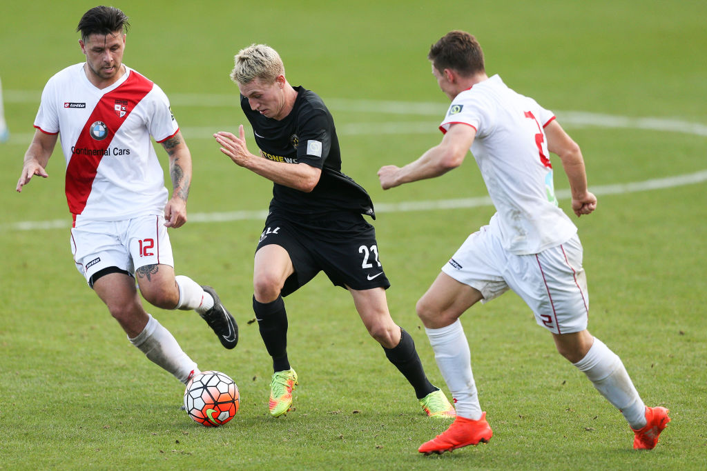 Niko Kirwan (c) in action for Team Wellington against Waitakere United during the ASB Premiership...