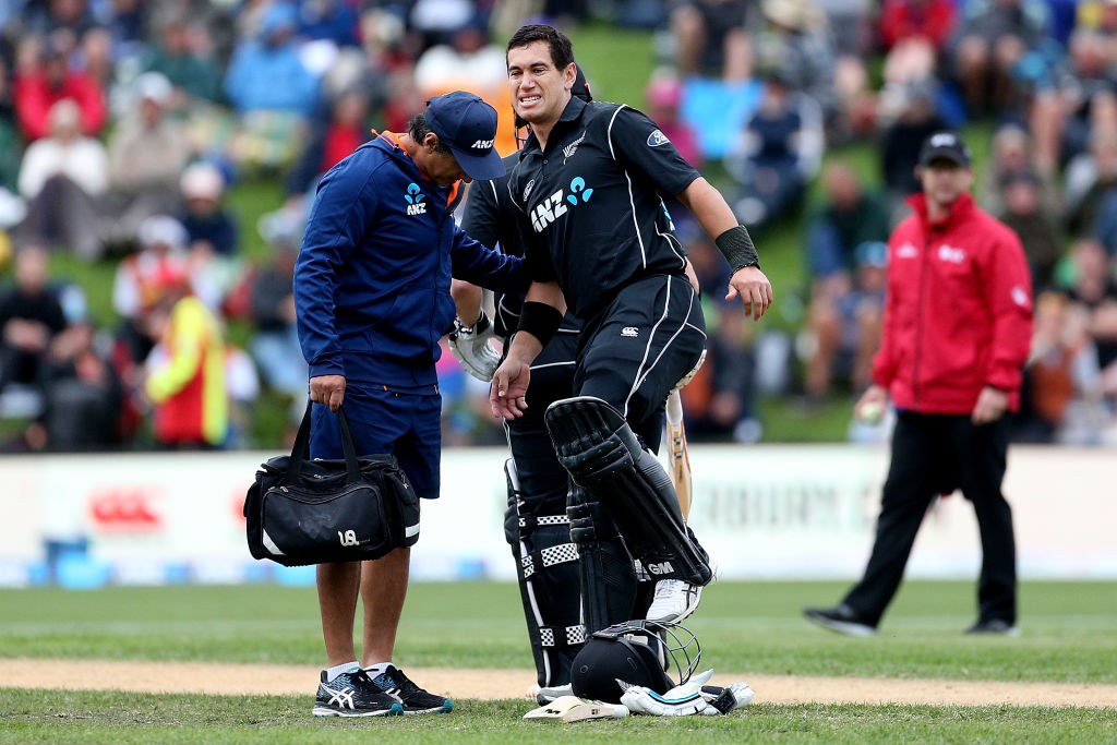 Ross Taylor gets some attention on his leg during his match-winning knock in Dunedin yesterday....