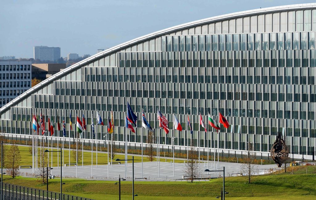 Member states' flags fly outside Nato's headquarters in Brussels Belgium