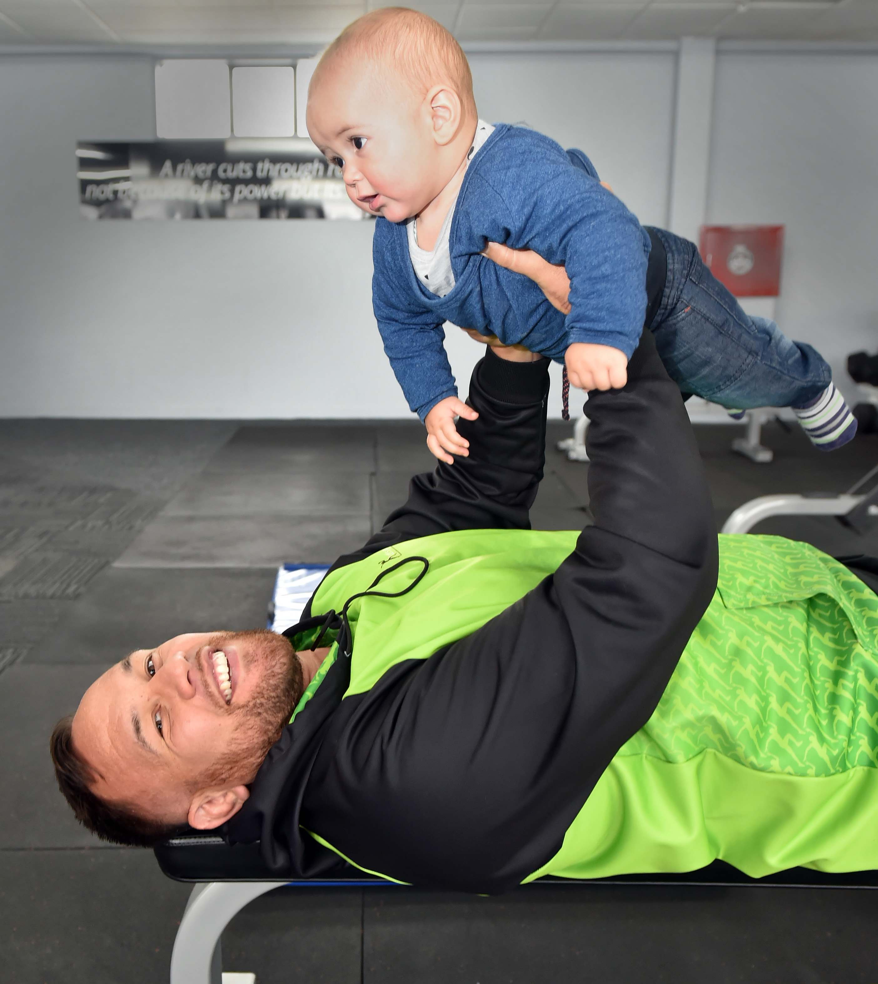 Club rugby veteran Peter Mirrielees plays with son Arlo-Manaaki (7 months) at Let's Go Fitness in...
