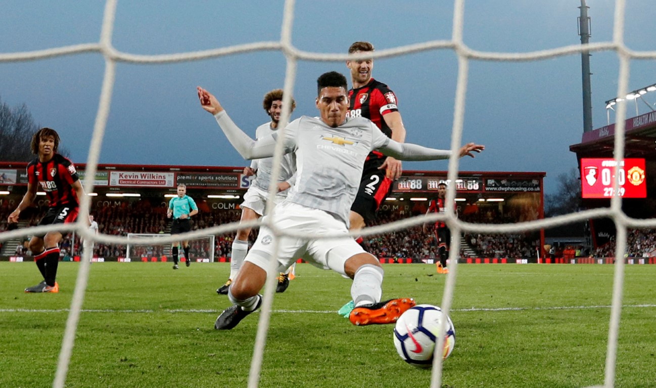 Manchester United's Chris Smalling scores their first goal against Bournemouth. Photo: Reuters
