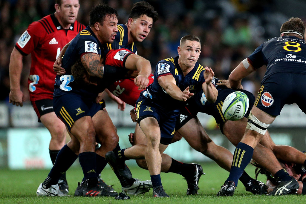 Kayne Hammington clears the ball while playing for the Highlanders against the Crusaders at...