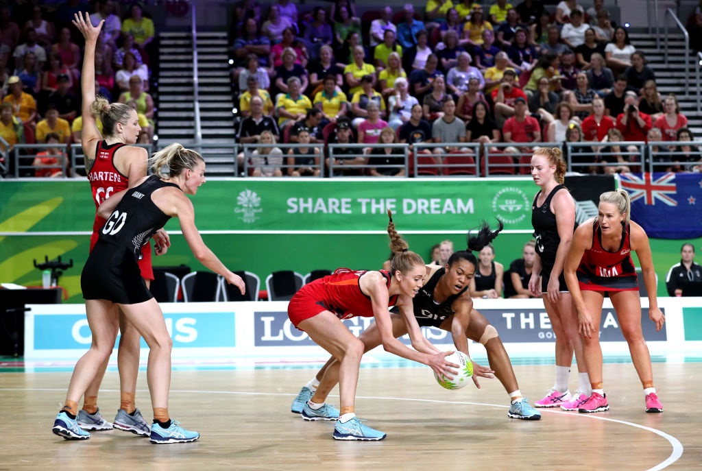 Temalisi Fakahokotau fights with Helen Housby for the ball during the Silver Ferns' match against...