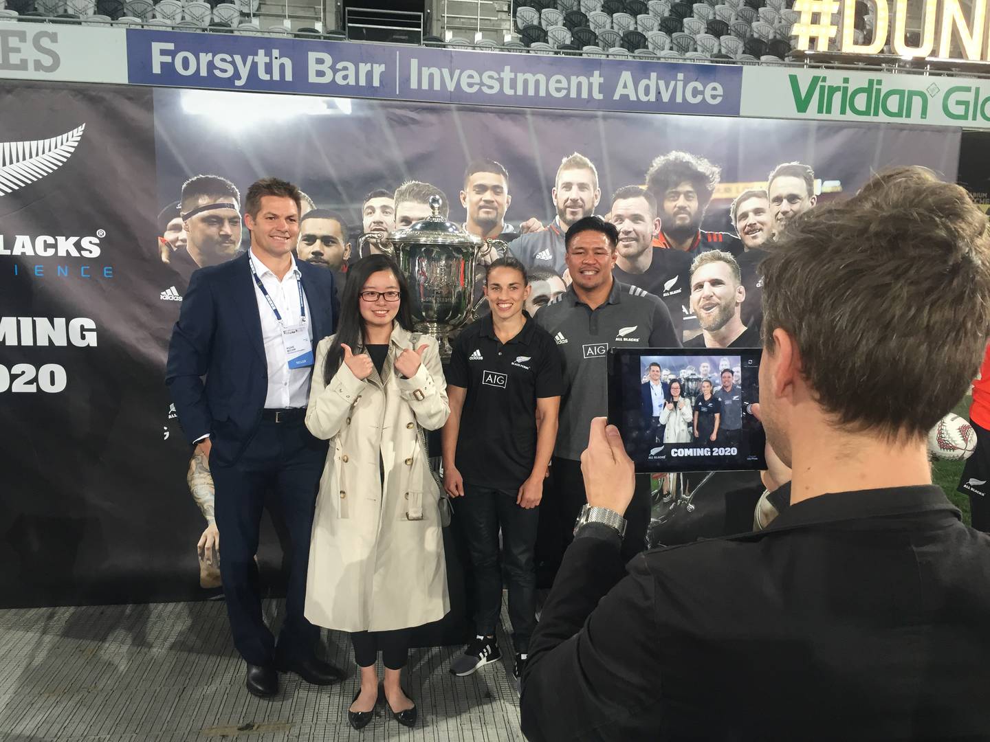 Richie McCaw and former All Black teammate Keven Mealamu (R) at the Trenz opening event in...