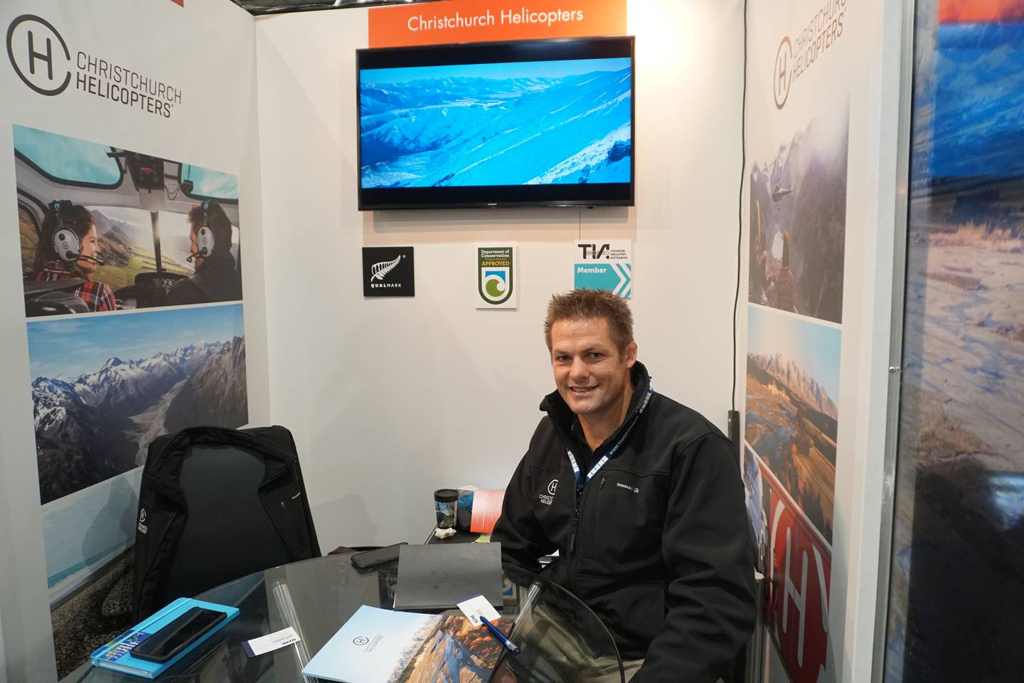Richie McCaw at the Christchurch Helicopters stand at Trenz in Dunedin this week. Photo: NZ Herald
