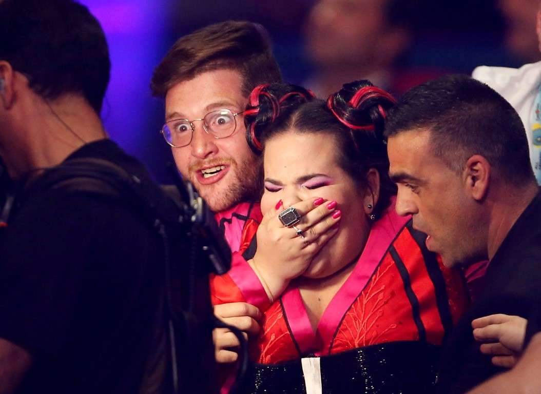 Israel's Netta Barzilai reacts after being announced as the winner of the Eurovision Song Contest...