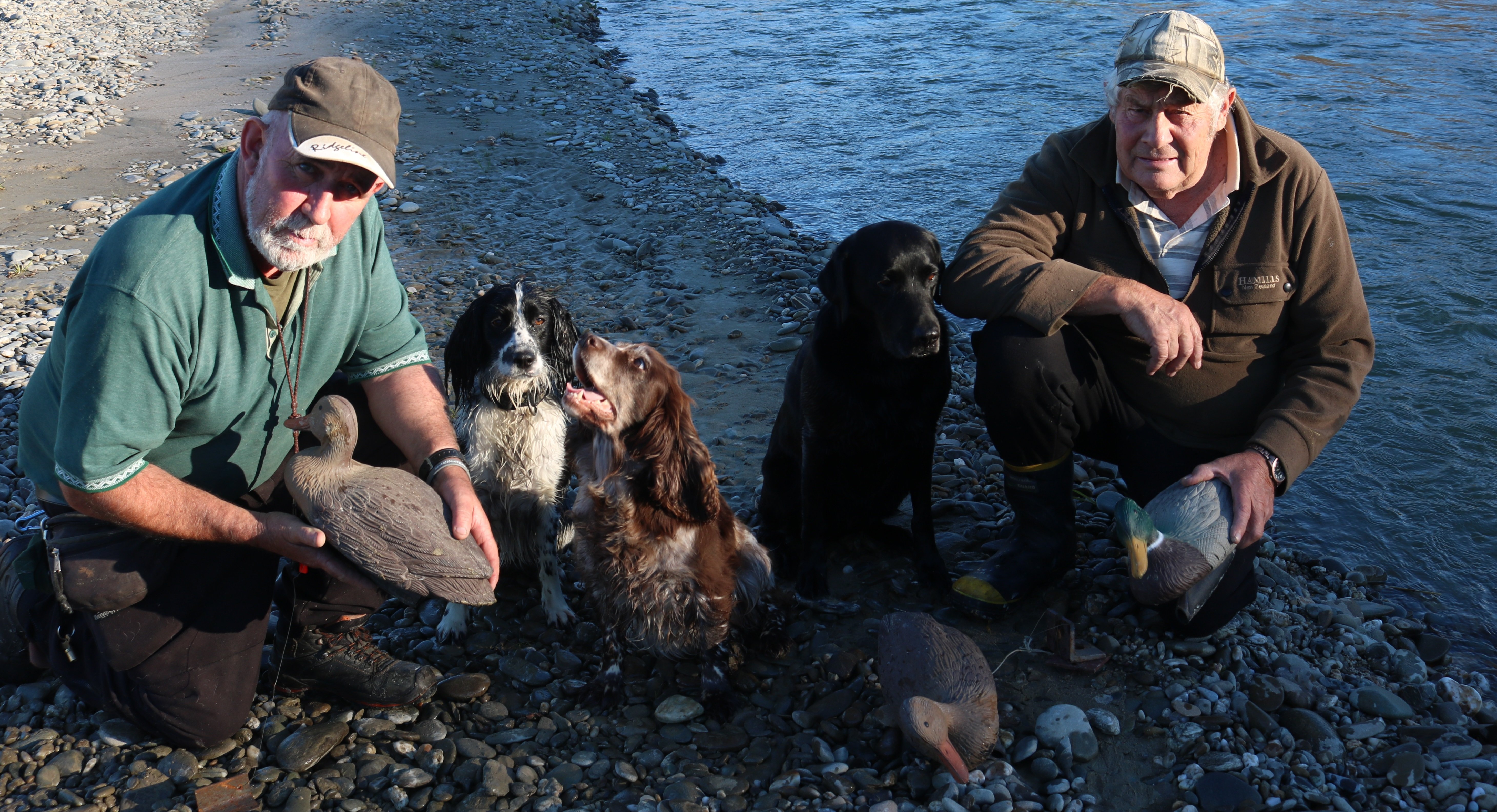 Bill Johnsen (left),  dogs Belle, Ferne and Georgie, and Pete Southee scope out the Manuherikia...