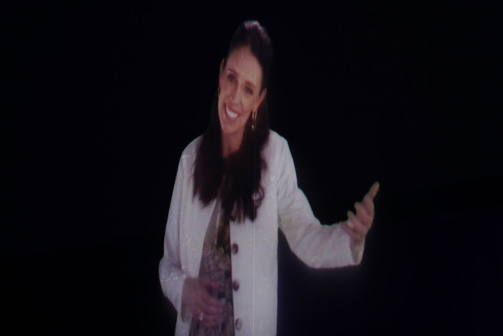 Prime Minister Jacinda Ardern is seen as a hologram opening Techweek'18 at the ASB Waterfront...