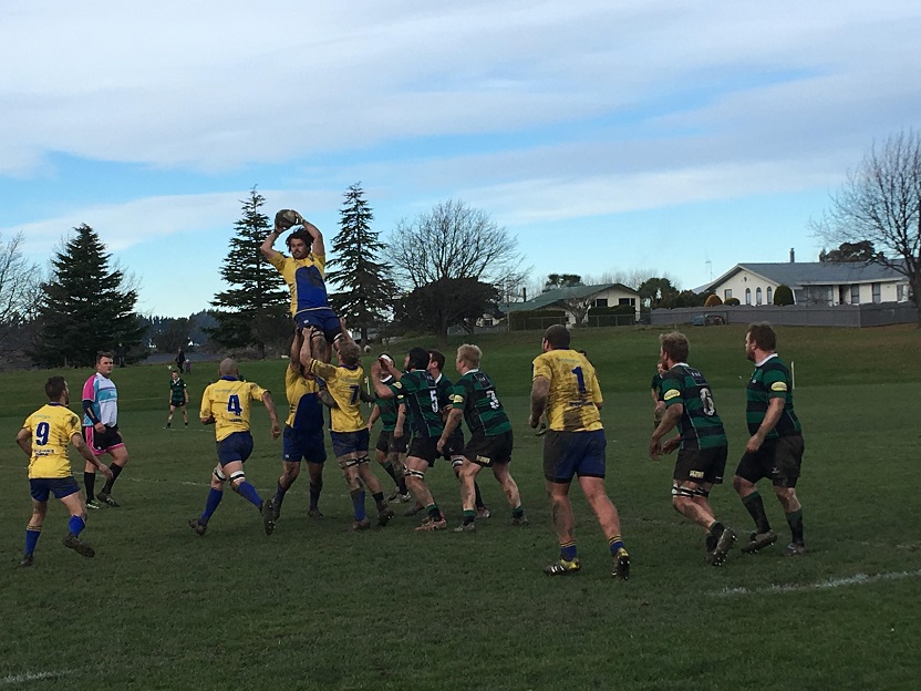 Valley and Maheno forwards contest a lineout during the North Otago club rugby game at Weston...