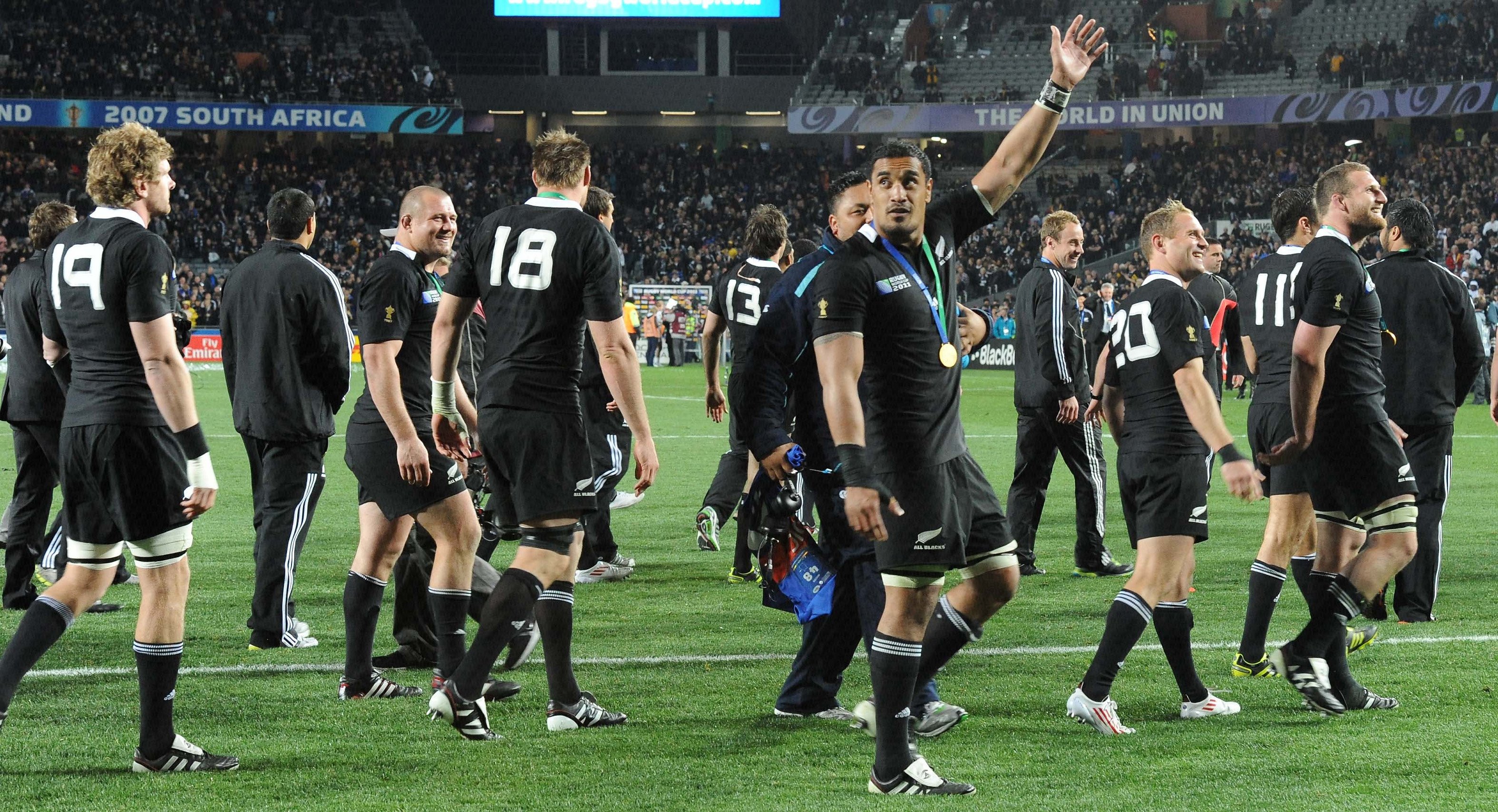 The All Blacks celebrate winning the 2011 World Cup final, one of Grant Nisbett’s (right)...
