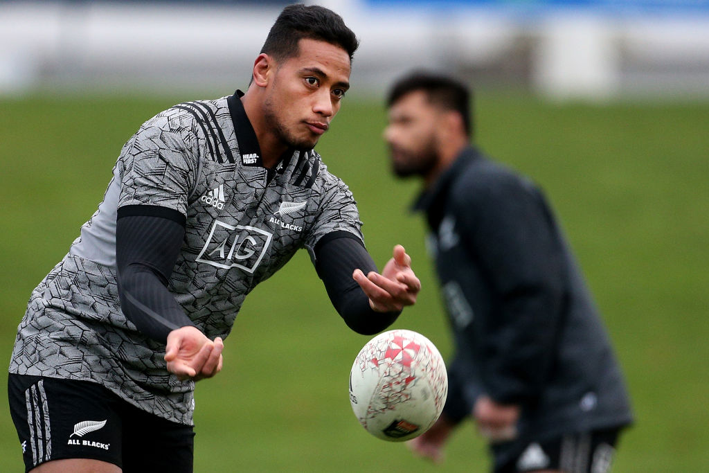 Shannon Frizell passes the ball during an All Blacks training session in Dunedin yesterday. Photo...