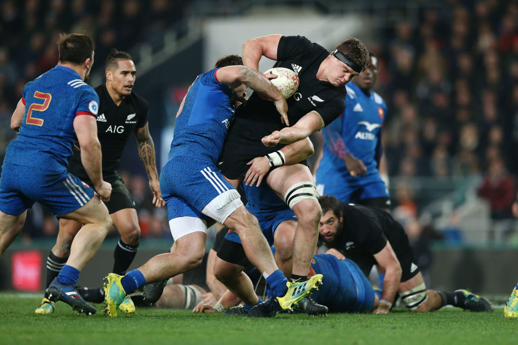 Scott Barrett runs the ball up for the All Blacks against France in Dunedin. Photo: Getty