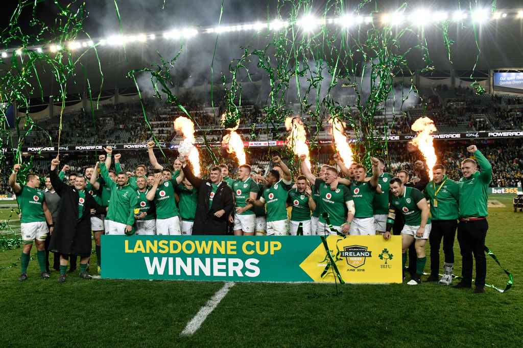 Ireland celebrate with the Landsdowne Cup after defeating Australia in the third test in Sydney...