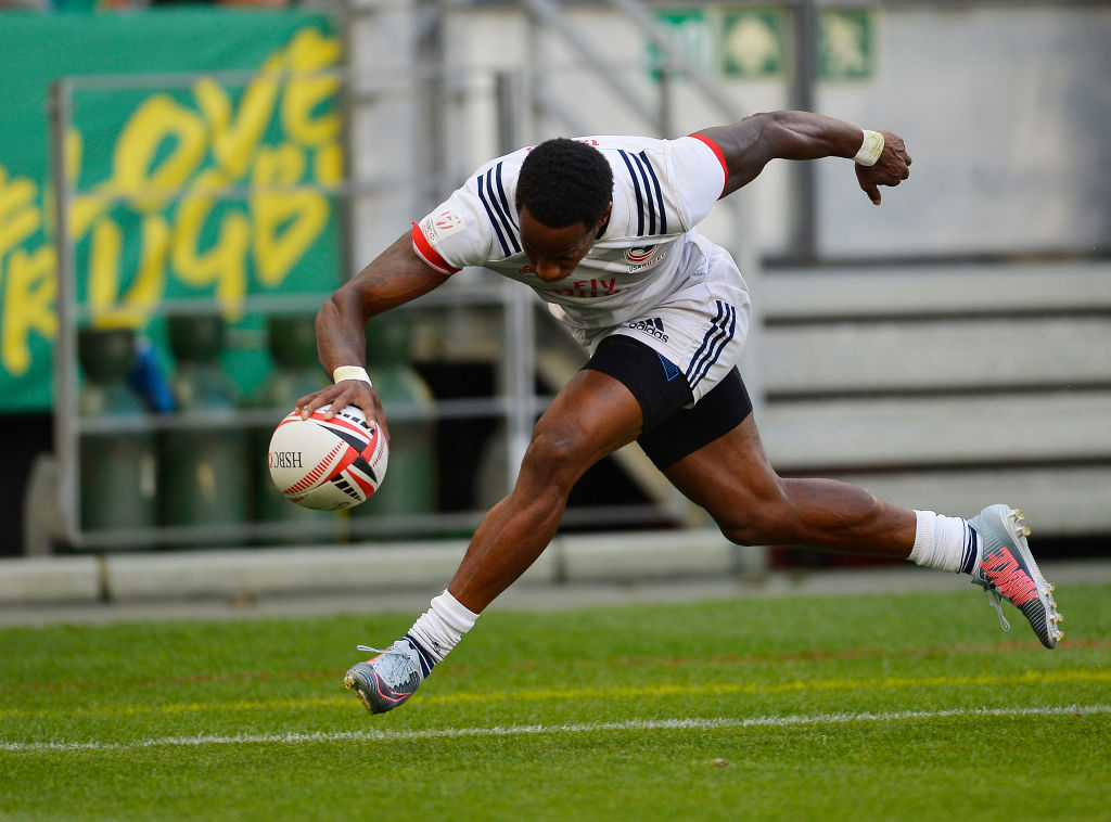 Carlin Isles in action for the US against New Zealand in the Canadian leg of the world sevens...