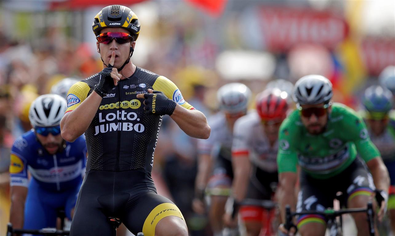 Dylan Groenewegen crosses the line to win Stage 6 of this year's  Tour de France. Photo: Reuters