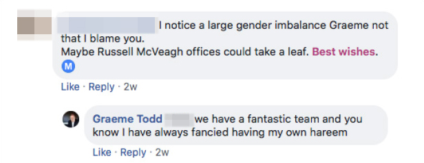 The now-deleted comments on Todd and Walker Law's Facebook page, the subject of a complaint to the New Zealand Law Society. Photo: Supplied