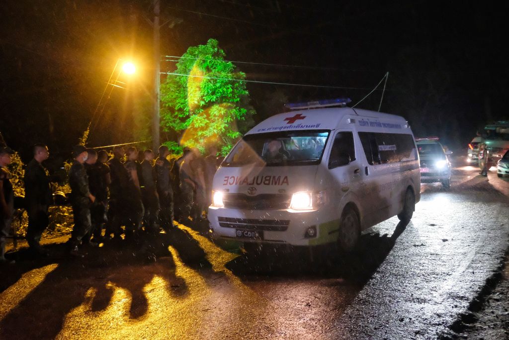 Ambulances transport boys rescued from Tham Luang Nang Non cave to hospital .Photo: Getty Images