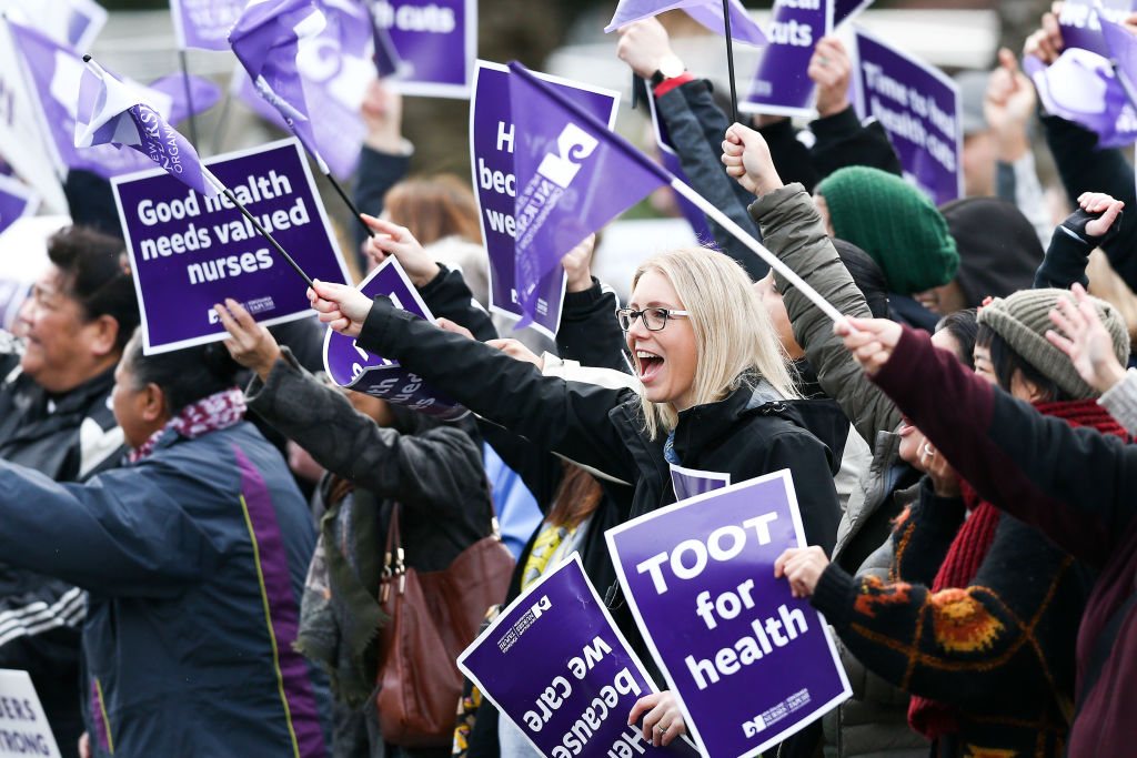 Nurses and Workers Union members take part in strike action at Wellington Regional Hospital this...