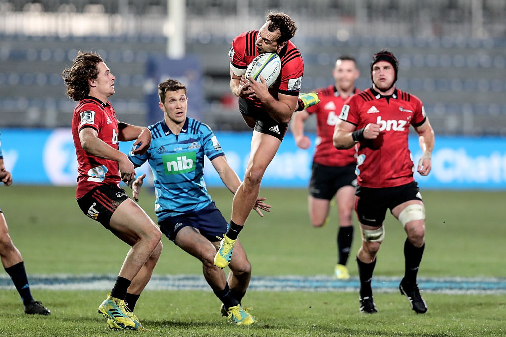 Israel Dagg takes a high ball for the Crusaders against the Blues last night. Photo: Getty