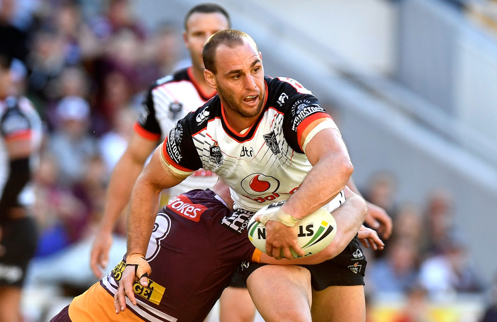 Simon Mannering in action for the Warriors against the Brisbane Broncos at Suncorp Stadium in...