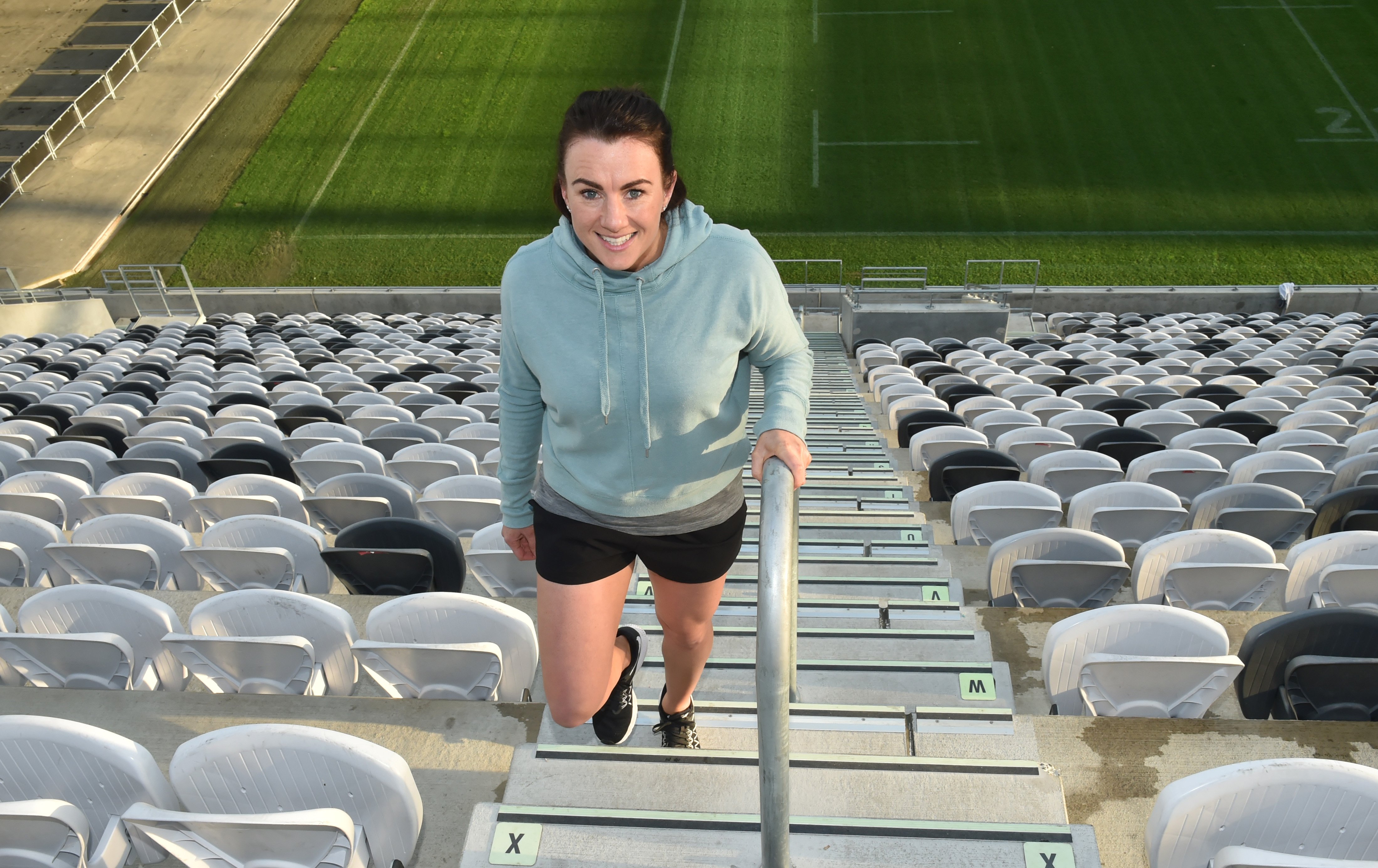 Kelly Latimer (33) tackles the stairs in the North Stand at Forsyth Barr Stadium in preparation...