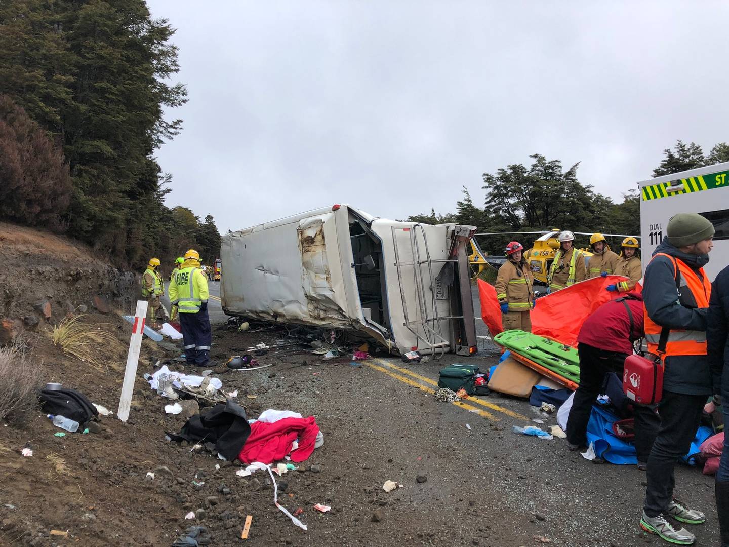 Emergency services at the scene of the Ohakune bus crash which took the life of 11-year-old...