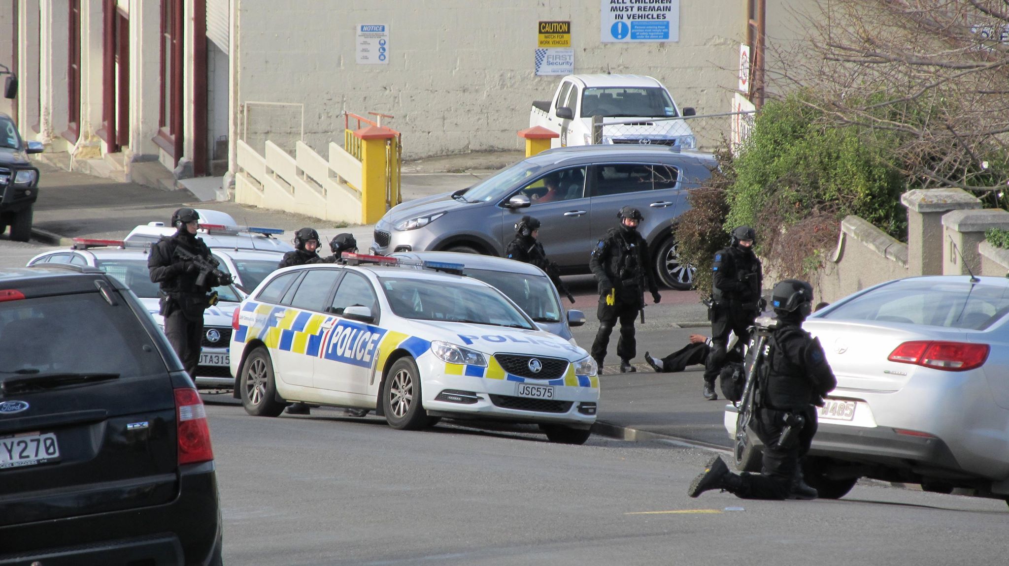 The armed offenders squad in Wansbeck St, Oamaru on Friday. Photo: Supplied