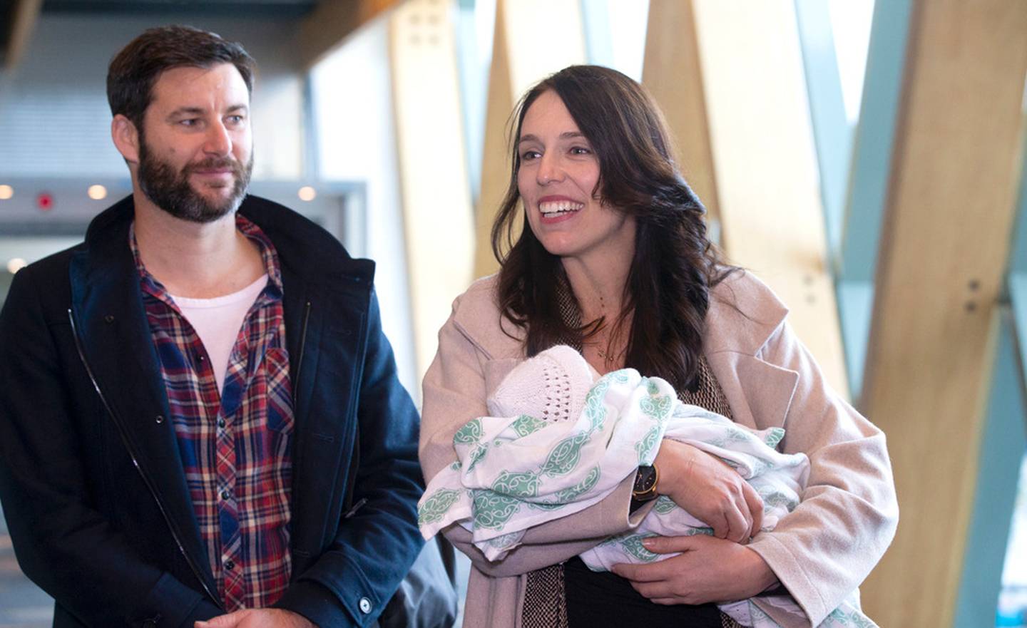 Prime Minister Jacinda Ardern at Wellington Airport today with baby Neve and partner Clarke...