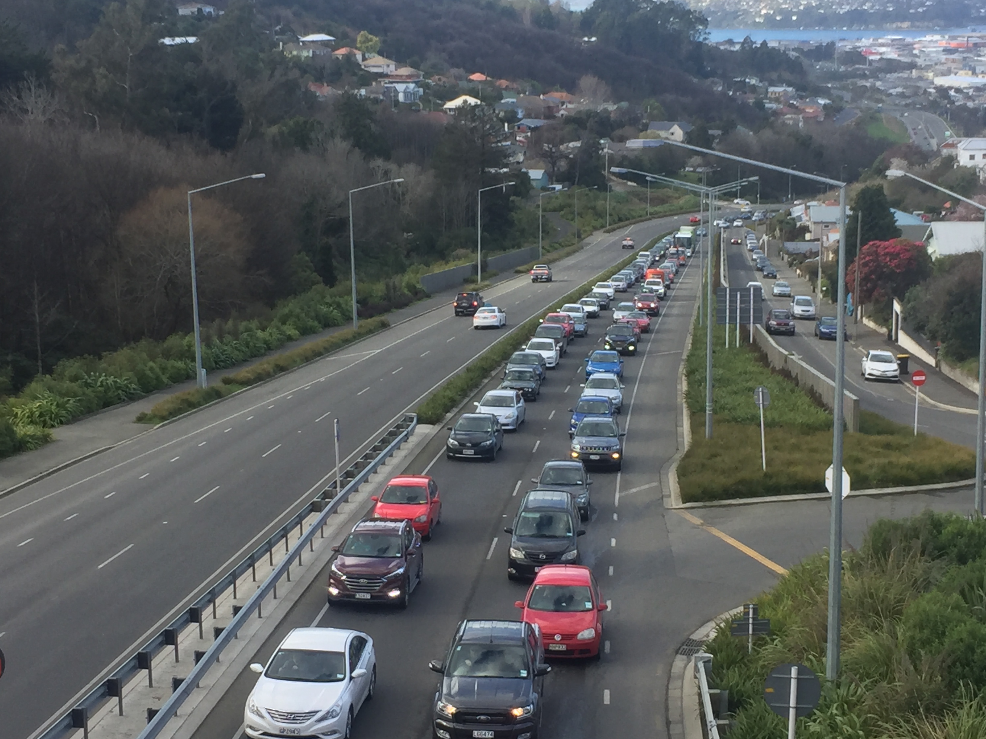 Traffic banks up in the southbound lanes of the southern motorway near Lookout Point after the...