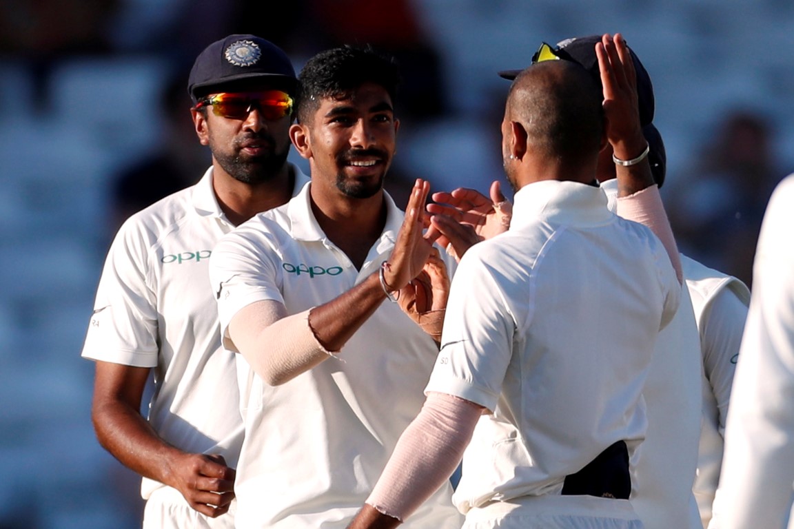  India's Jasprit Bumrah celebrates taking the wicket of England's Stuart Broad. Photo: Action...